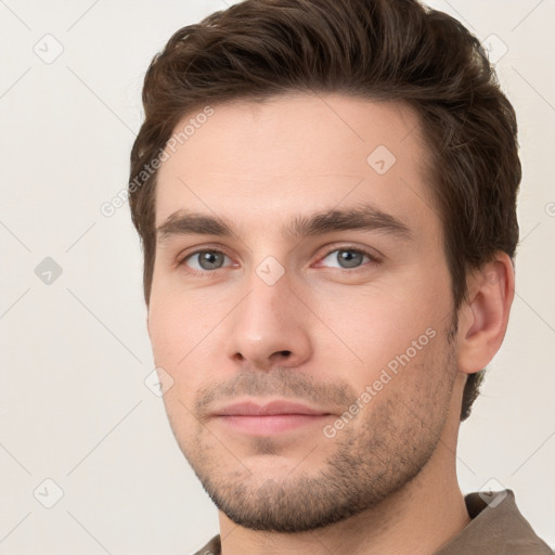 Neutral white young-adult male with short  brown hair and brown eyes