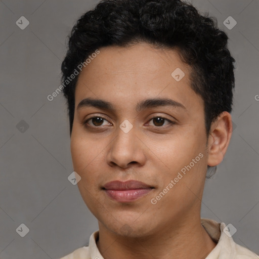 Joyful latino young-adult female with short  brown hair and brown eyes