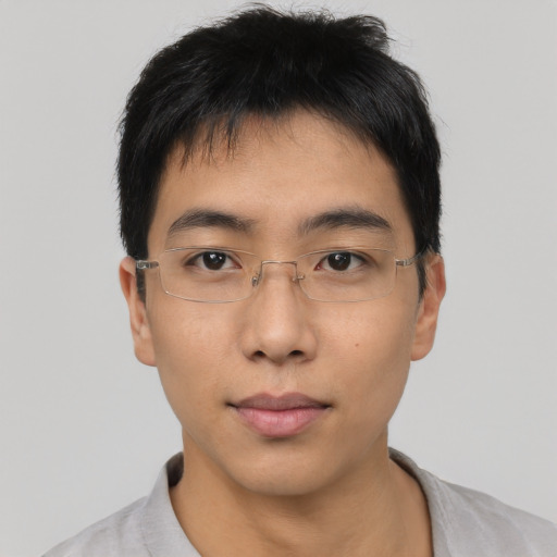 Neutral asian young-adult male with short  black hair and brown eyes