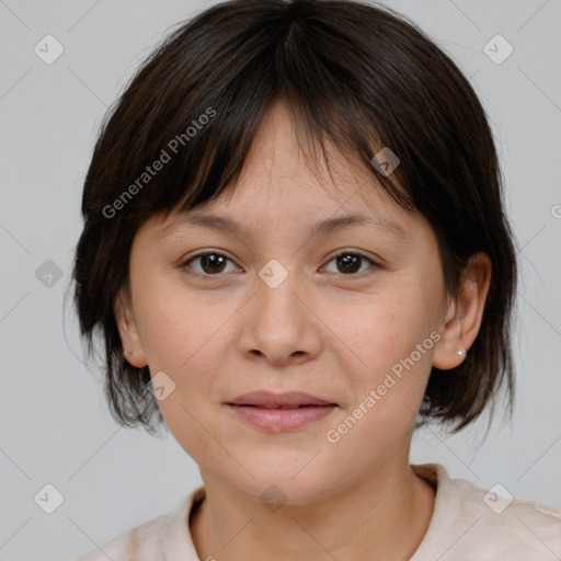 Joyful white young-adult female with medium  brown hair and brown eyes