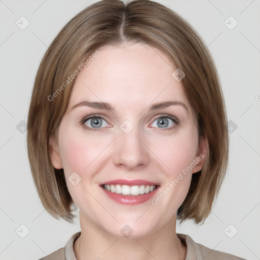 Joyful white young-adult female with medium  brown hair and blue eyes