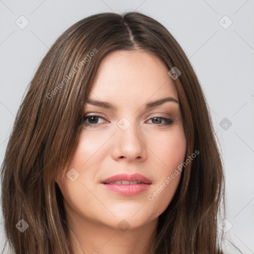 Neutral white young-adult female with long  brown hair and brown eyes