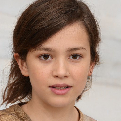 Joyful white child female with medium  brown hair and brown eyes