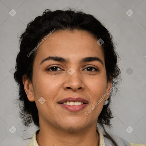 Joyful latino young-adult female with short  brown hair and brown eyes