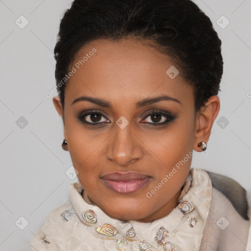 Joyful black young-adult female with short  brown hair and brown eyes