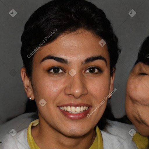 Joyful white young-adult female with short  brown hair and brown eyes