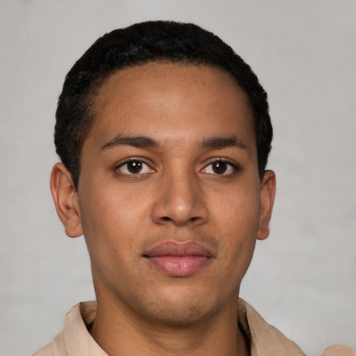 Neutral latino young-adult male with short  brown hair and brown eyes