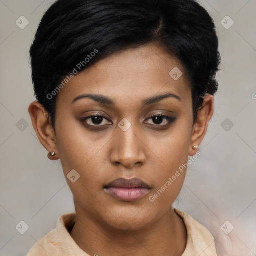 Neutral asian young-adult female with short  black hair and brown eyes