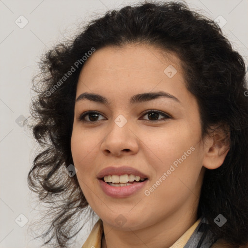 Joyful latino young-adult female with long  brown hair and brown eyes