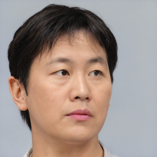 Neutral asian young-adult male with short  brown hair and brown eyes