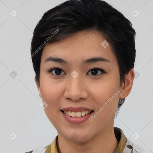 Joyful asian young-adult female with medium  black hair and brown eyes