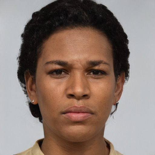 Neutral latino adult female with short  brown hair and brown eyes
