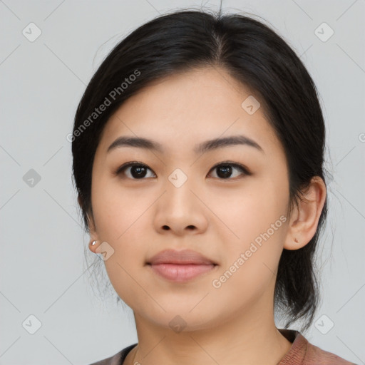 Neutral asian young-adult female with medium  black hair and brown eyes