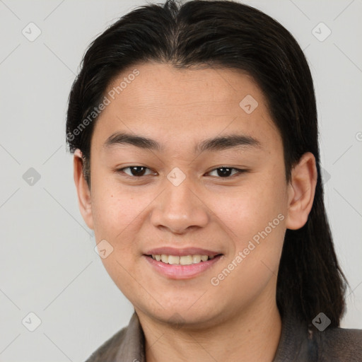 Joyful asian young-adult female with short  brown hair and brown eyes