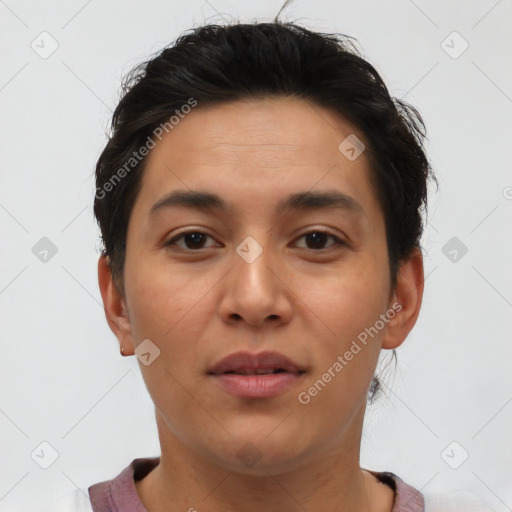 Neutral asian young-adult female with short  brown hair and brown eyes