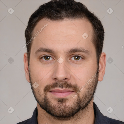 Neutral white young-adult male with short  brown hair and brown eyes