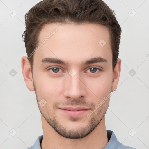 Neutral white young-adult male with short  brown hair and brown eyes