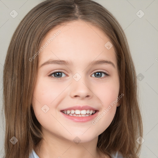 Joyful white child female with medium  brown hair and brown eyes