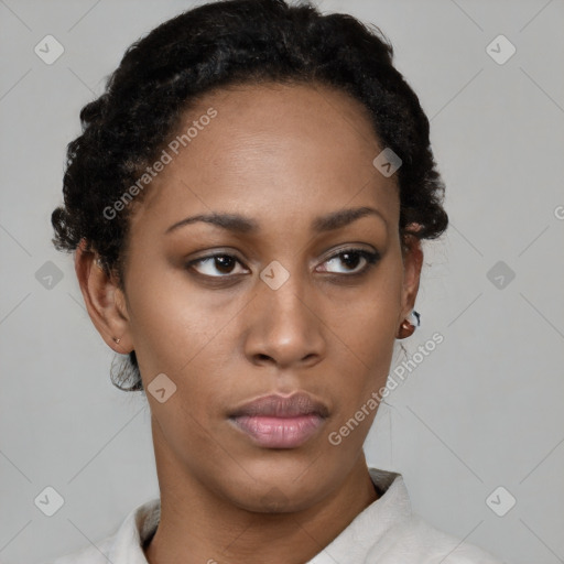 Neutral black young-adult female with short  black hair and brown eyes