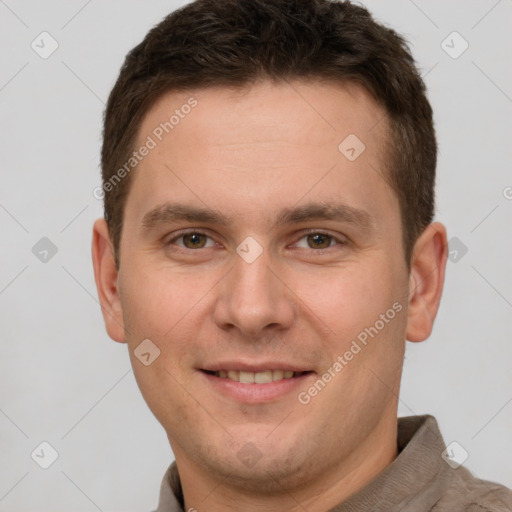 Joyful white young-adult male with short  brown hair and brown eyes