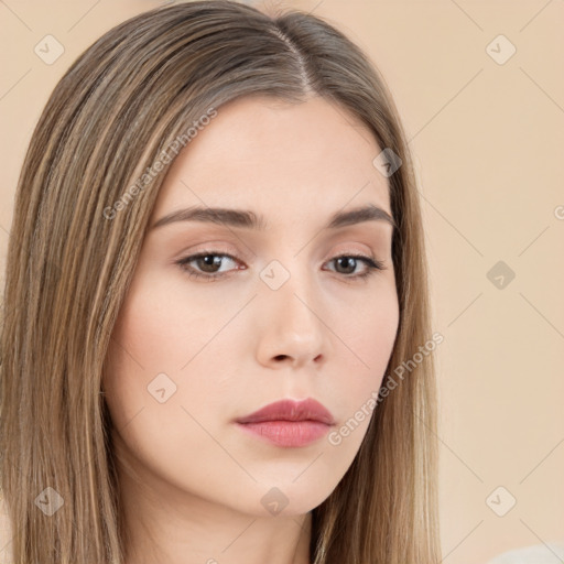 Neutral white young-adult female with long  brown hair and brown eyes