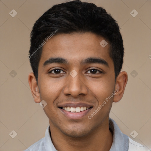 Joyful latino young-adult male with short  black hair and brown eyes