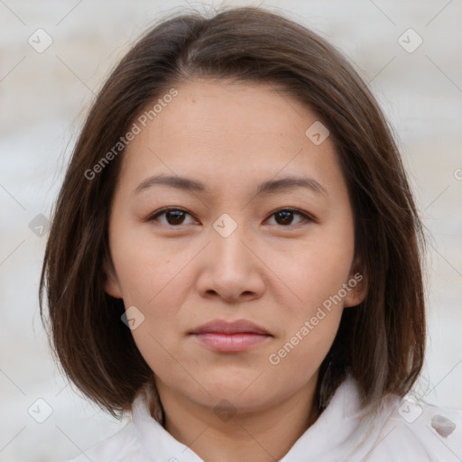 Neutral white young-adult female with medium  brown hair and brown eyes