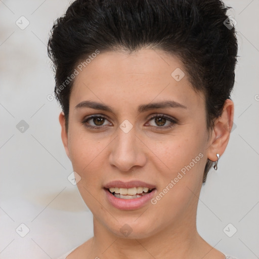 Joyful white young-adult female with short  brown hair and brown eyes