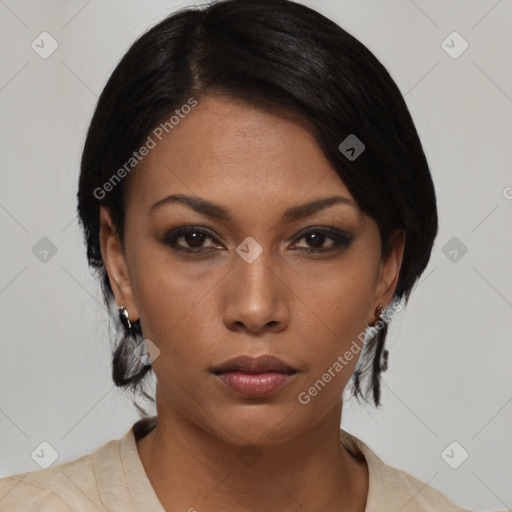 Neutral black young-adult female with short  black hair and brown eyes