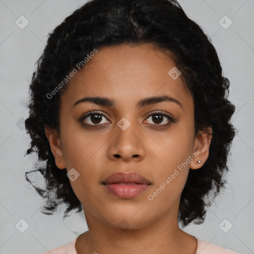 Joyful latino young-adult female with medium  black hair and brown eyes