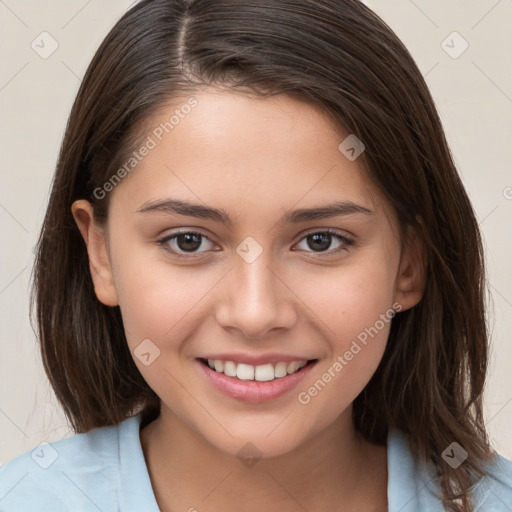 Joyful white child female with medium  brown hair and brown eyes