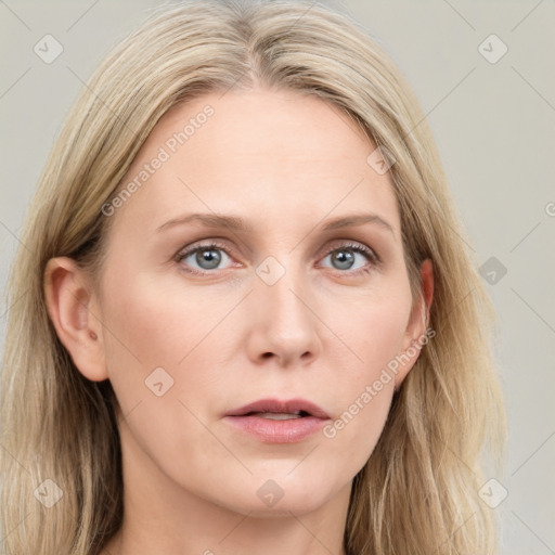 Neutral white young-adult female with long  brown hair and blue eyes