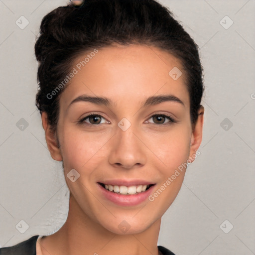 Joyful white young-adult female with short  black hair and brown eyes