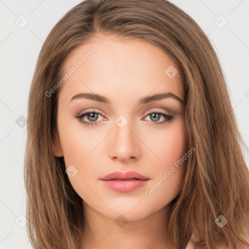 Neutral white young-adult female with long  brown hair and brown eyes