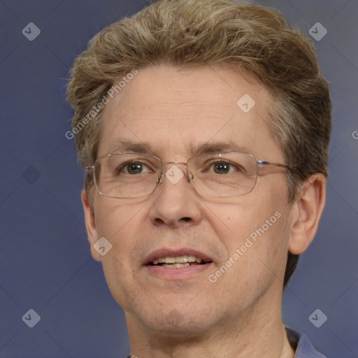 Joyful white adult male with short  brown hair and grey eyes