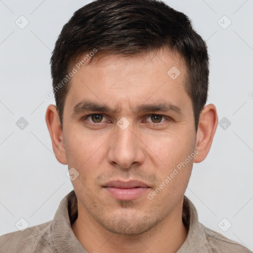 Neutral white adult male with short  brown hair and brown eyes