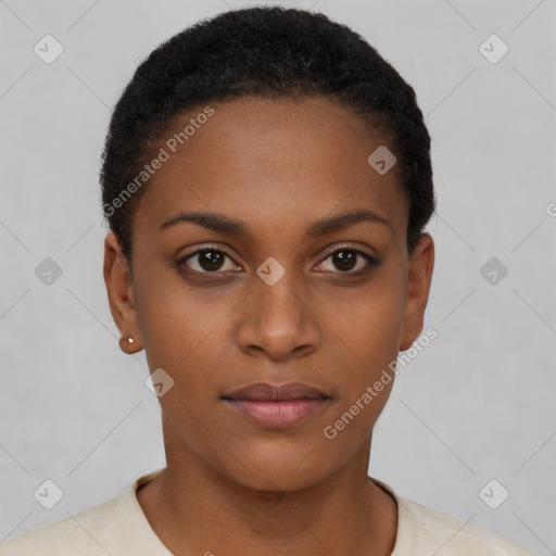 Neutral black young-adult female with short  brown hair and brown eyes