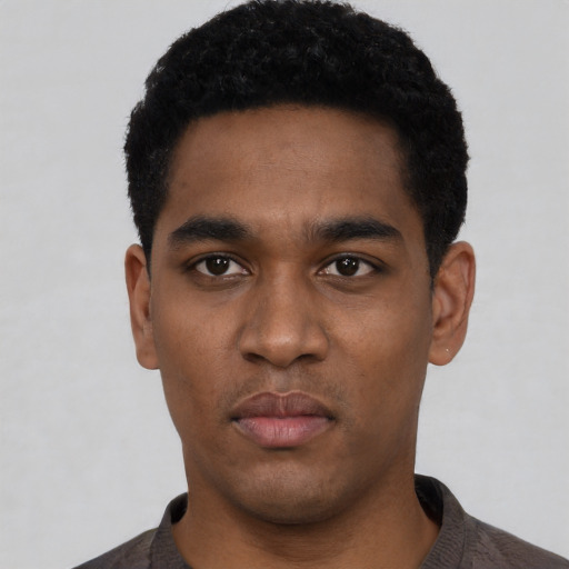 Neutral black young-adult male with short  black hair and brown eyes