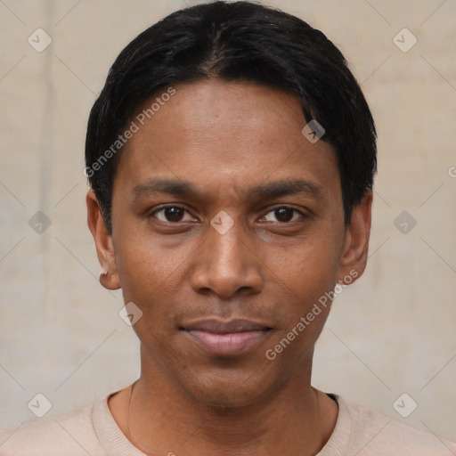 Neutral asian young-adult male with short  black hair and brown eyes