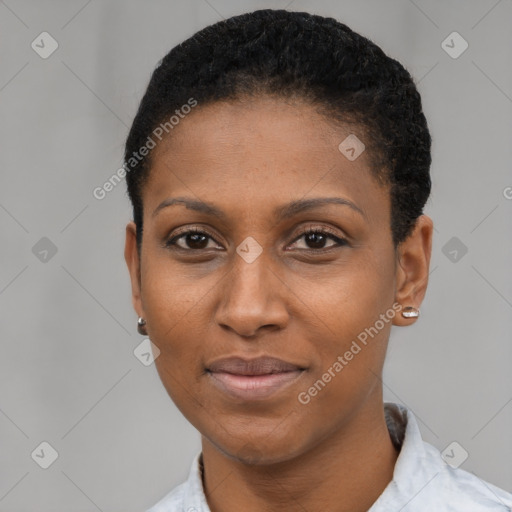 Joyful black young-adult female with short  black hair and brown eyes