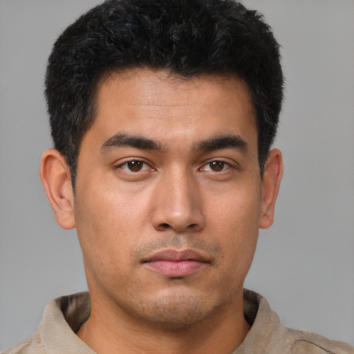 Neutral asian young-adult male with short  brown hair and brown eyes