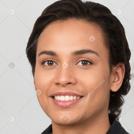 Joyful white young-adult female with short  brown hair and brown eyes