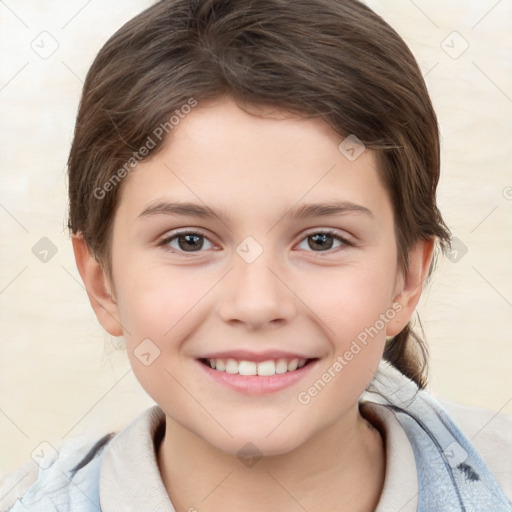 Joyful white child female with medium  brown hair and brown eyes