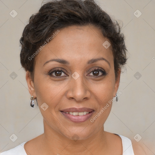 Joyful white adult female with short  brown hair and brown eyes