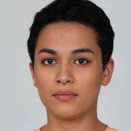 Neutral latino young-adult female with short  black hair and brown eyes