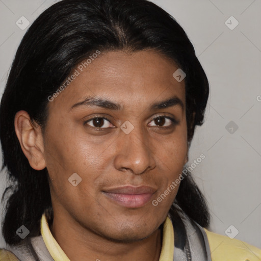 Joyful latino young-adult female with medium  brown hair and brown eyes