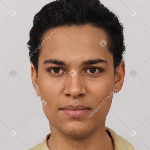 Neutral latino young-adult male with short  black hair and brown eyes