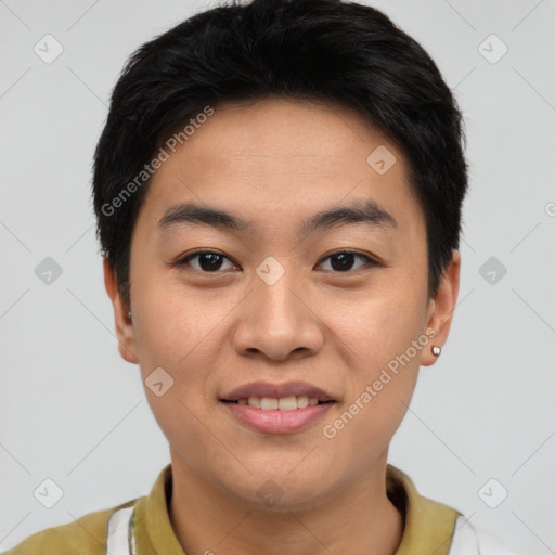 Joyful asian young-adult male with short  brown hair and brown eyes