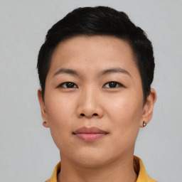 Neutral asian young-adult female with short  black hair and brown eyes