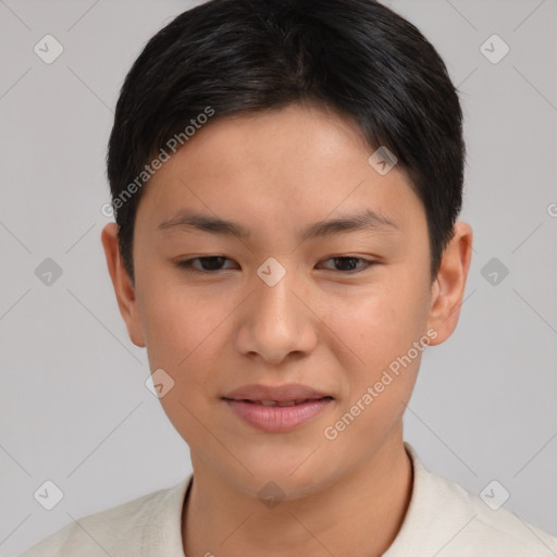 Joyful asian young-adult female with short  brown hair and brown eyes